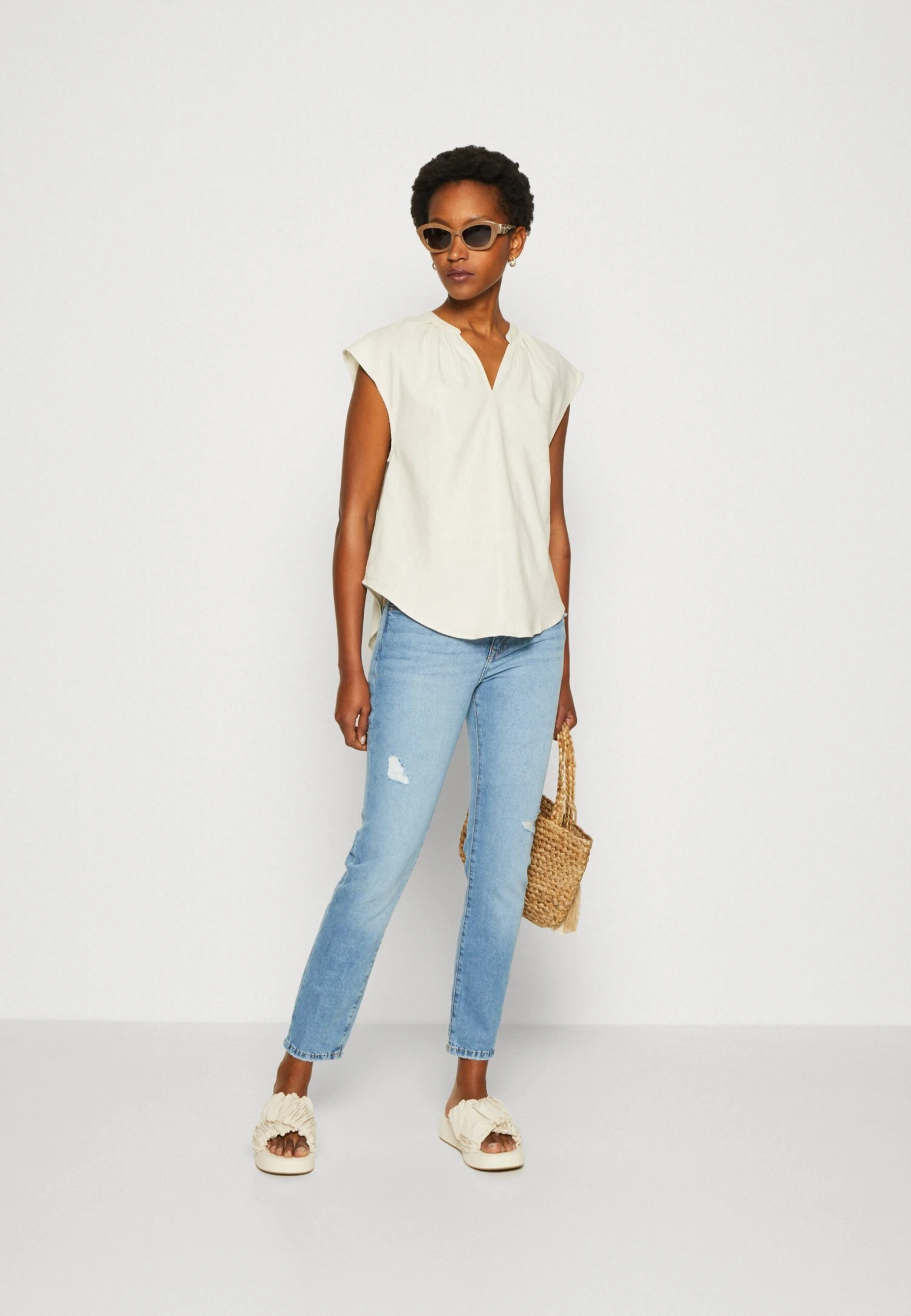 Anna Field Linen-Mix Shirt - Camiseta Estampada - Beige - Imagen 2